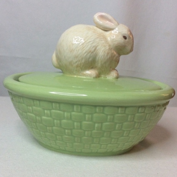 VTG Hallmark bunny rabbit green weaved ceramic basket - Picture 5 of 8